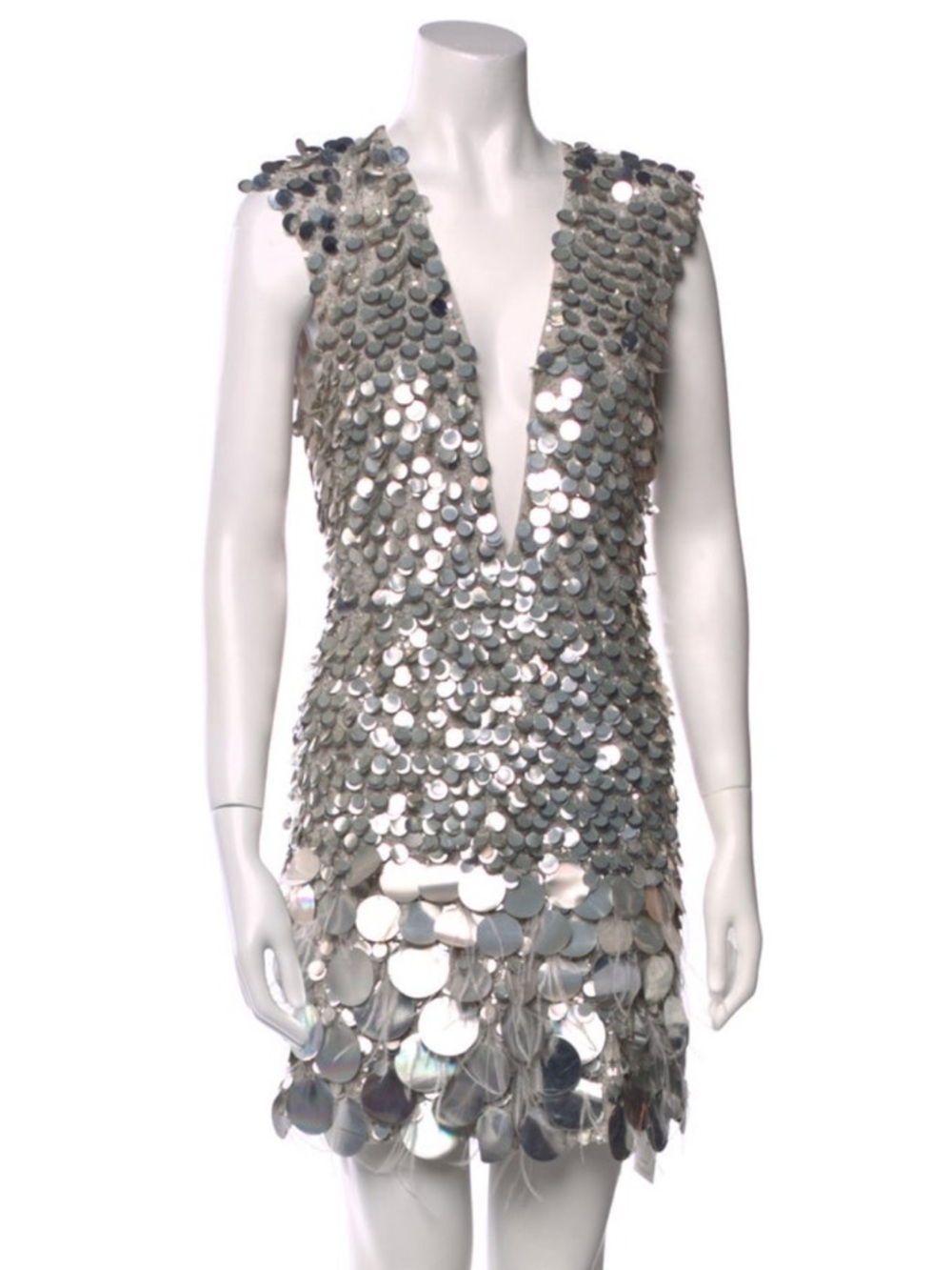 Ramy Brook V-Neck Knee-Length Silver Sequin Plunge Mini Dress